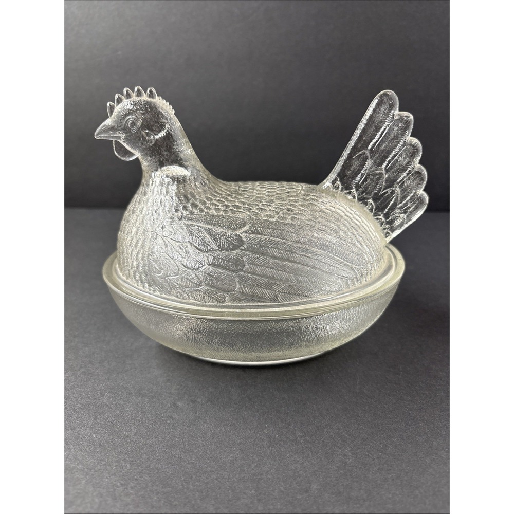 VTG Indiana Glass Clear Hen On Nest Chicken Candy Trinket Covered Dish Farmhouse - Picture 2 of 16